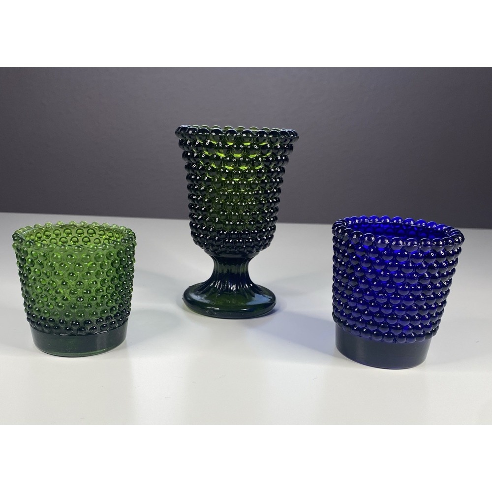 Lot 3 Vintage Glass Hobnail Votive Candle Holders Green Pedestal Cobalt Blue